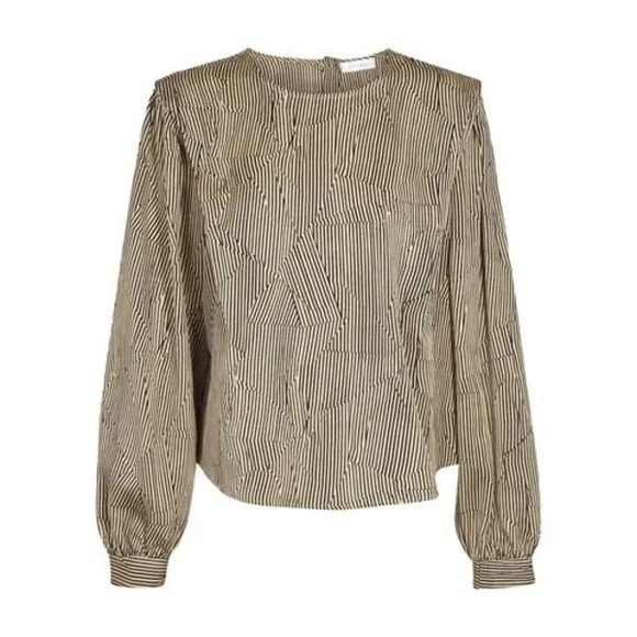 Anine Bing Willa Silk Top Crinkle Stripe Size Medium Tan‎ and Black - Picture 2 of 12